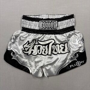 Fluory Muay Thai Shorts Mens Medium Silver Black White Embroidered Logos